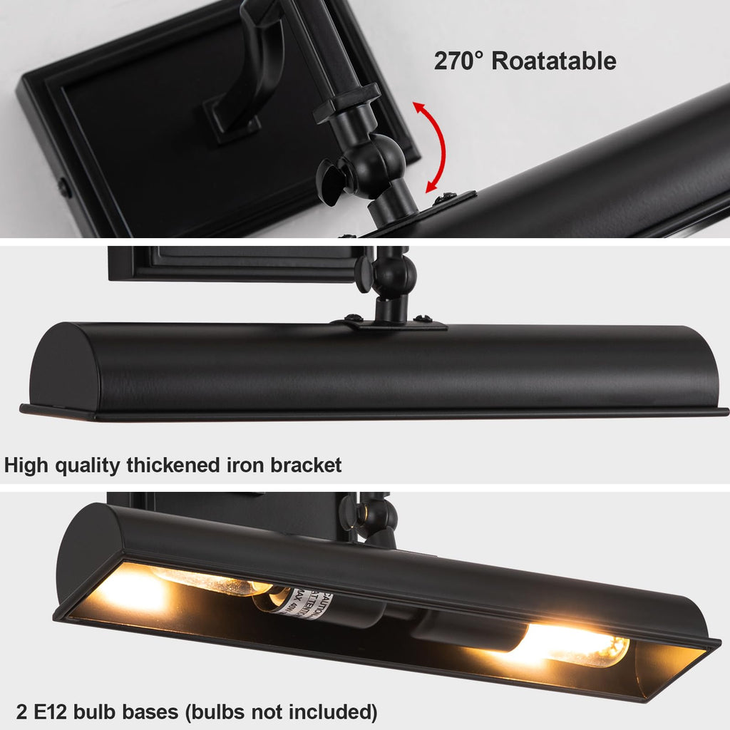 Picture Light for Wall, 12 Inch Black Wall Light Hardwired, 270° Rotatable, E12 Base, 2-Light Picture Frame Lights
