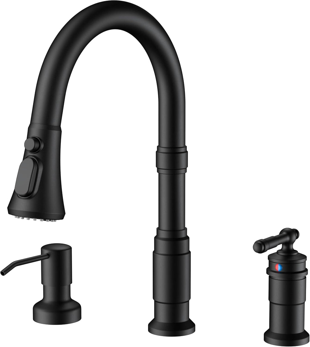 3 Hole Kitchen Faucet with Soap Dispenser, Matte Black