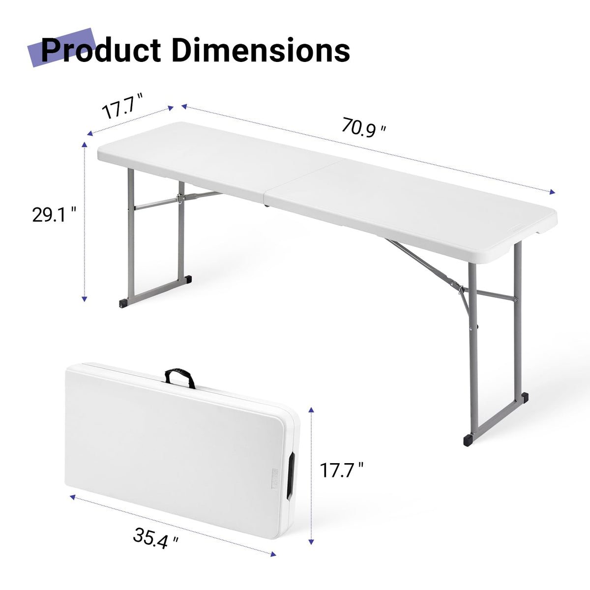 Folding Table 6FT Narrow Portable Plastic Heavy Duty Table, White