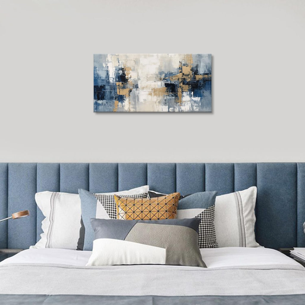 Blue and Gold Abstract Canvas Print Painting Indigo Modern Wall Art Bedroom Home Office Decor
