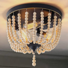 Farmhouse Wood Beaded Flush Mount Ceiling Light, 3-Light Boho Wooden Bead Chandelier Vintage Lighting Fixtures