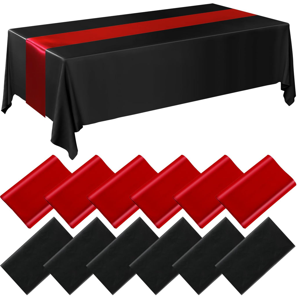 12 Pcs Black and Red Disposable Plastic Tablecloths and Satin Table Runner Set, 54 x 108 Inch Tablecloth, 12 x 108