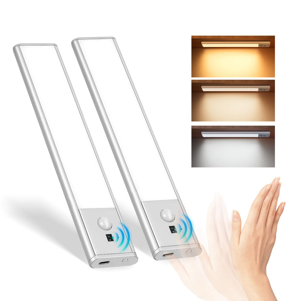 Rechargeable Under Cabinet Lights, 9 Inch Motion Sensor LED Light Bars with Hand Wave Control, 3 Color Temps &