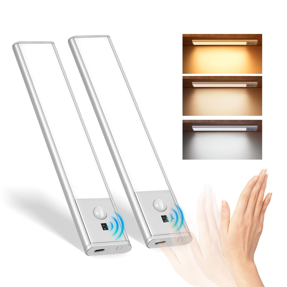 Rechargeable Under Cabinet Lights, 9 Inch Motion Sensor LED Light Bars with Hand Wave Control, 3 Color Temps &