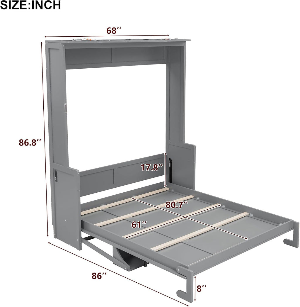 Queen Murphy Bed with Desk, Hideaway Wall Bed Frame with LED Lights and USB Ports, Folding Murphy Cabinet Bed for