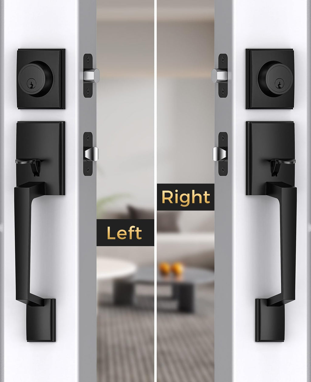 Black Front Door Handle and Deadbolt Set with Modern Exterior Knob