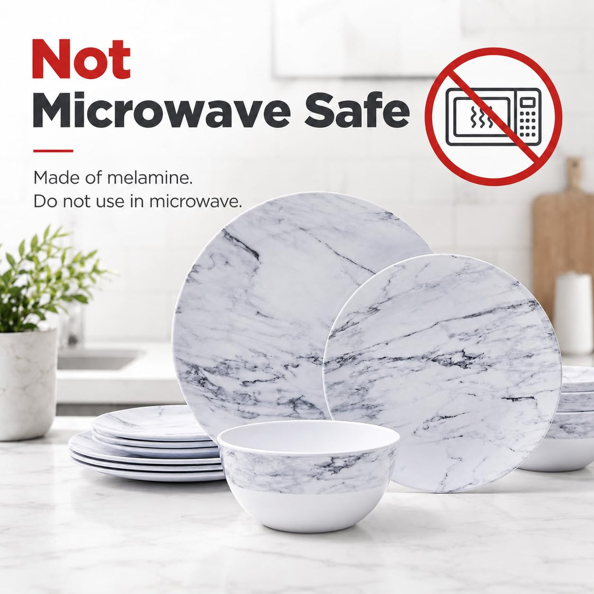 TP 12-Piece Melamine Dinnerware Sets, Service for 4, Marble Pattern