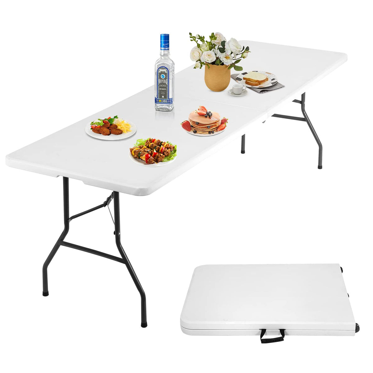 8FT Folding Table, Heavy Duty Foldable Table with Handle, Portable Fold-in-Half Utility Tables for Indoor & Outdoor