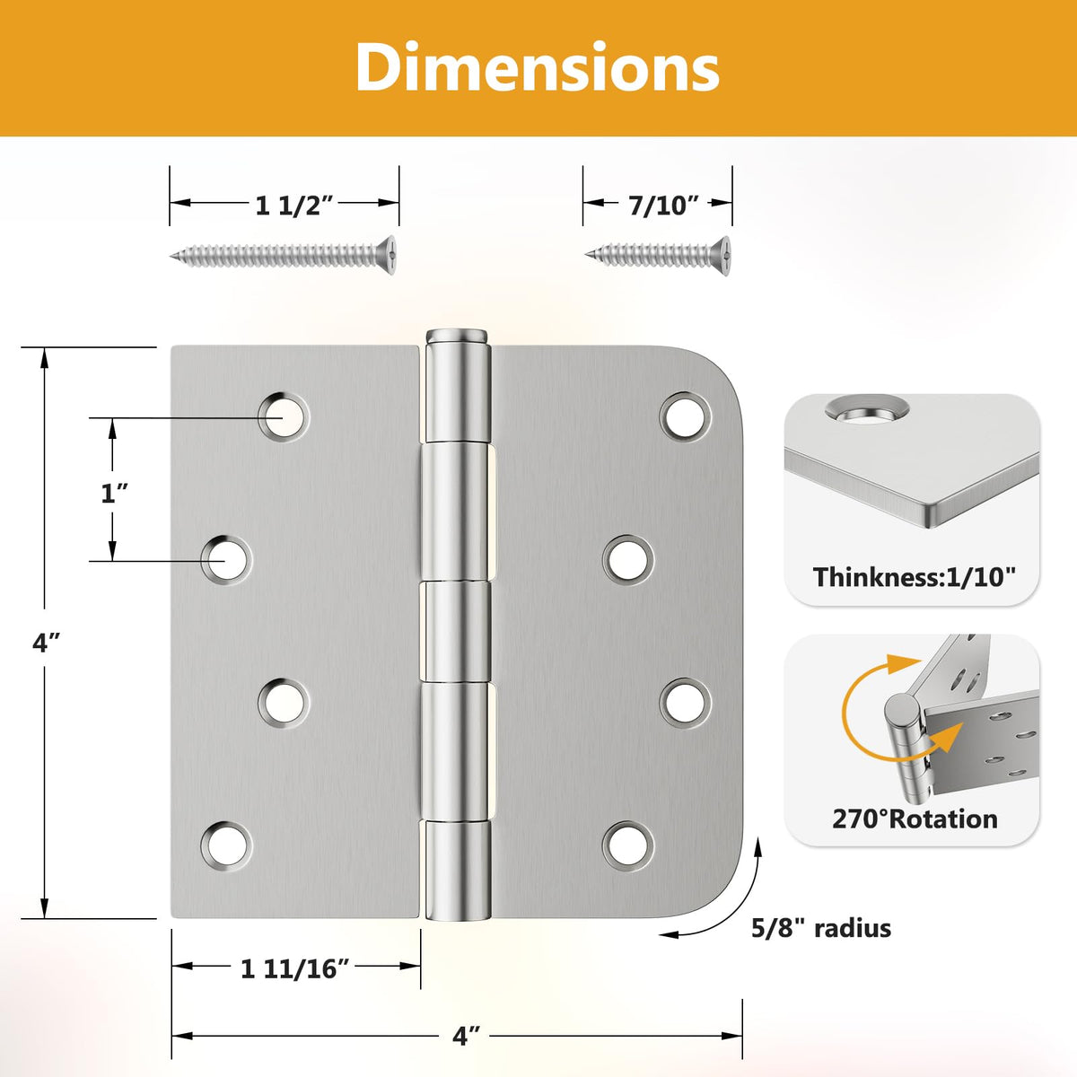 6 Pack Brushed Nickel Door Hinges 4 Inch, Exterior Door Hinges with Square & 5/8" Radius, Removable Pin, Perfect for