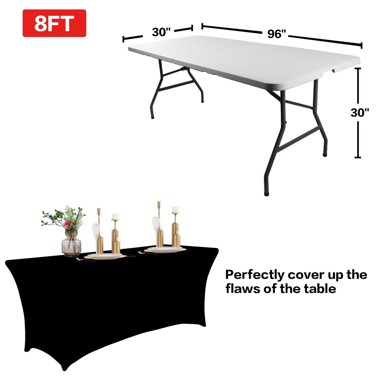 2 Pack 8FT Black Table Cloth for Rectangular Spandex Table Cover