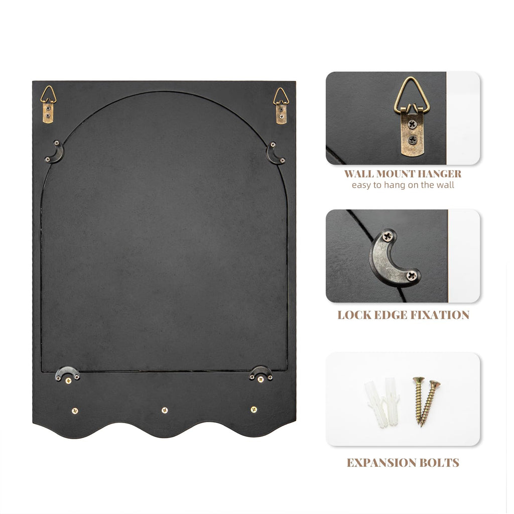 Black 16"x12" Wood Framed Arched Mirror with Shelf and 3 Hooks, Wall Mounted Decorative Real Glass Hanging Mirror