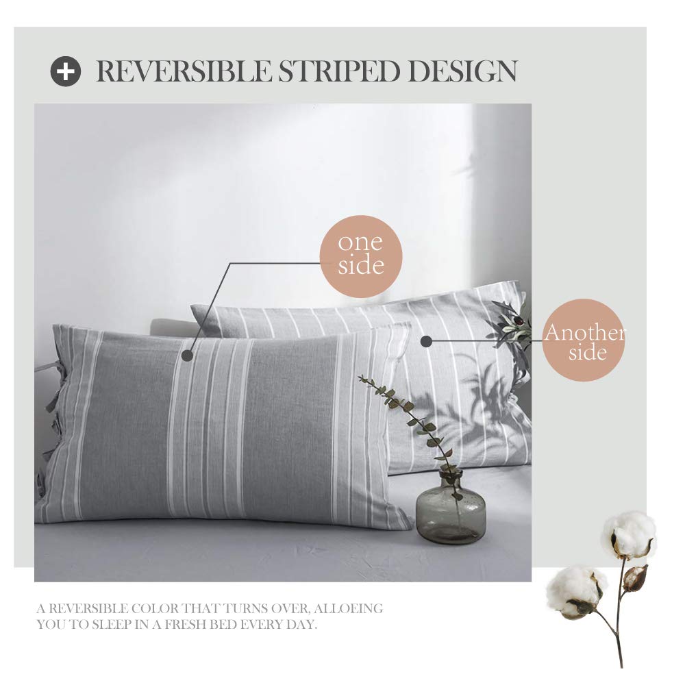 Striped Duvet Cover Set 3pcs 100% Washed Cotton Linen Like Textured with Bowknot Bow Ties Strap Reversible Breathable