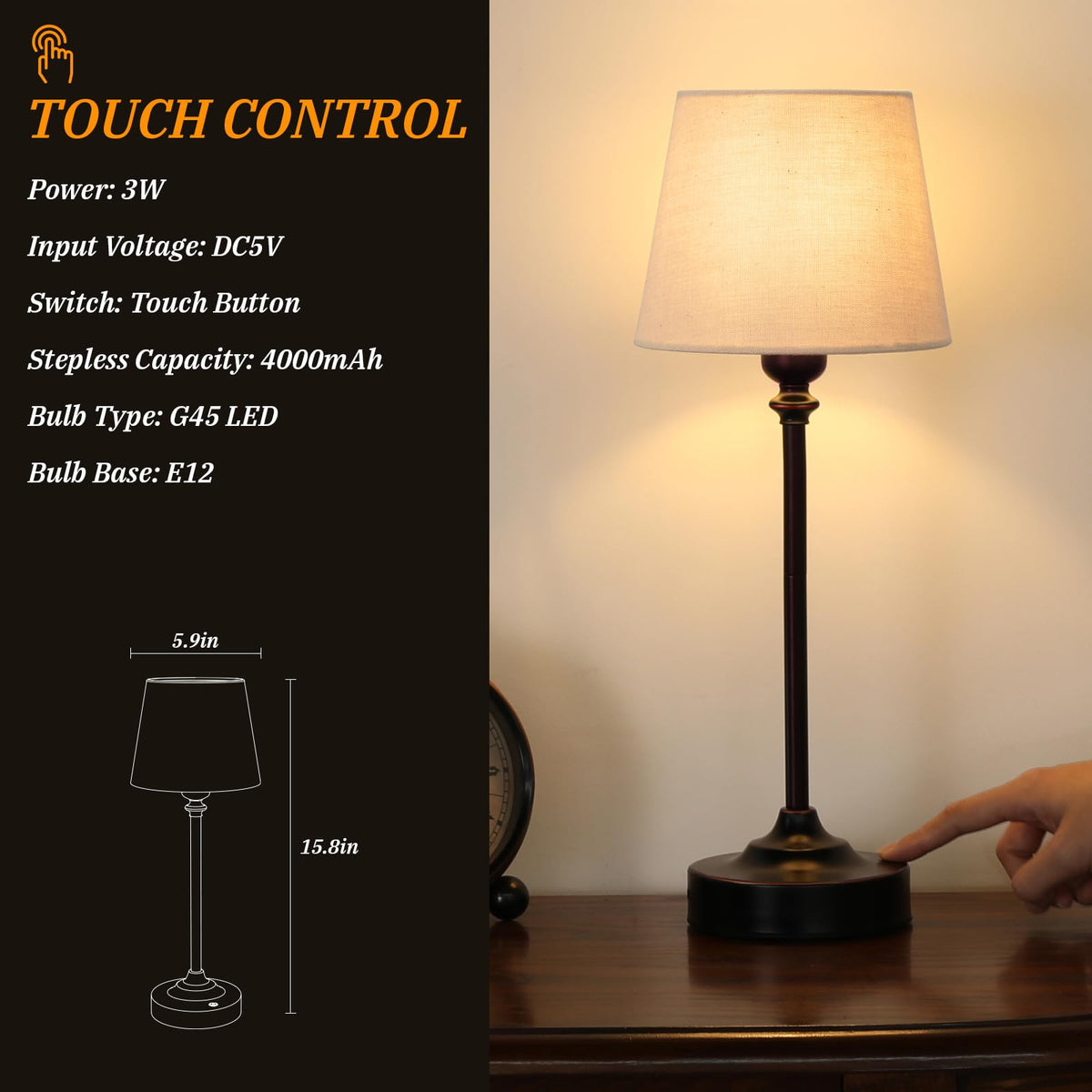 Cordless Table Lamp Rechargeable Bronze - 1 Pack Brass 4000mAH Battery Operated Lamp for Decor, 3000K Stepless
