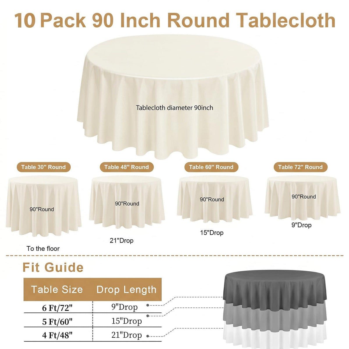 10 Pack Round Tablecloth 90 Inch Ivory, Polyester Fabric Round Table Cover, Stain & Wrinkle Resistant Washable Table