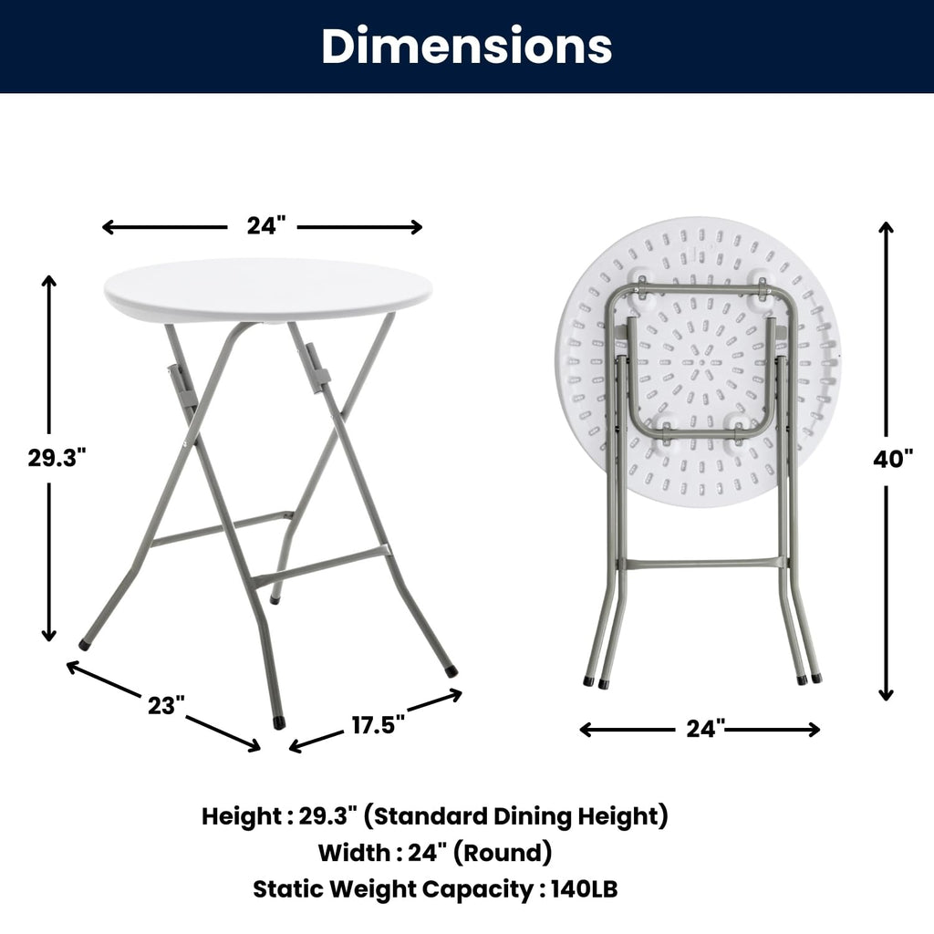 Set of 5, White 24" Round Plastic Folding Table Commercial Portable for Picnic Party Camping Banquet Card Dining