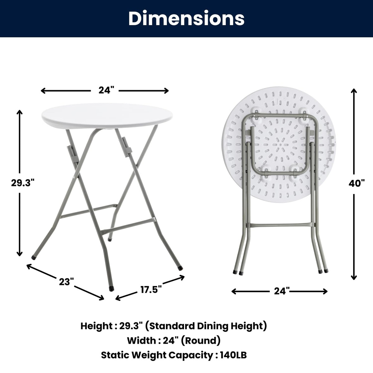 Set of 5, White 24" Round Plastic Folding Table Commercial Portable for Picnic Party Camping Banquet Card Dining
