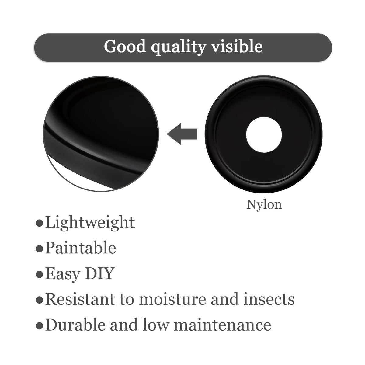 Molded Nylon Ceiling Medallion for Light Fixtures and Ceiling Fans Black 13"OD x 4"ID x 1-1/8"P (Fits Canopies up to