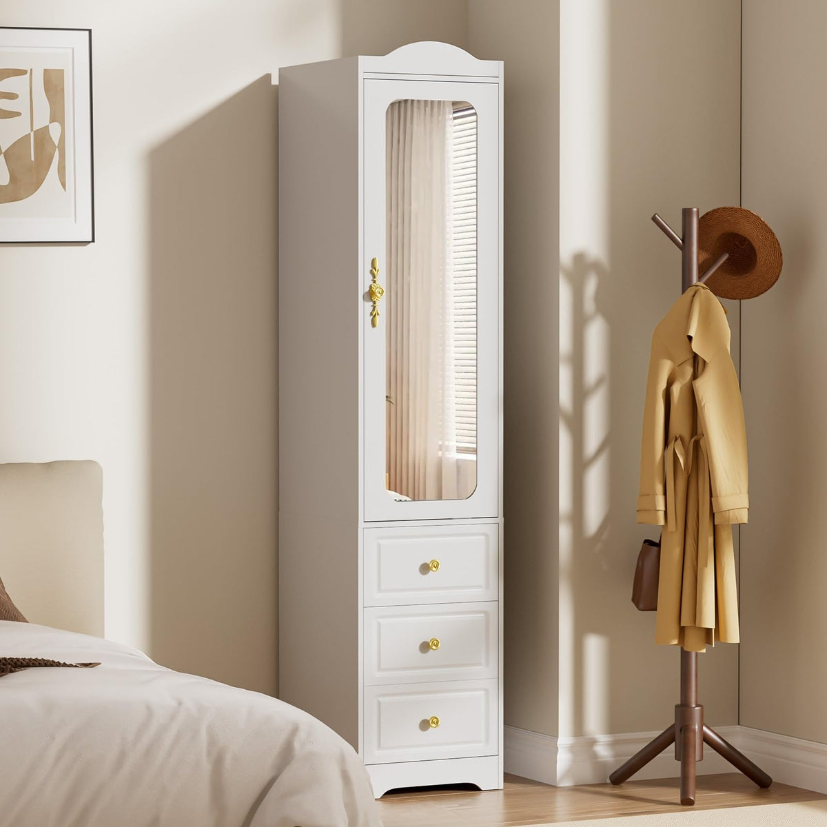 Armoire Wardrobe Closet, Updated 15.7" W White Bedroom Armoires Cabinet with Mirror Door and 3 Drawers, 69.5" H