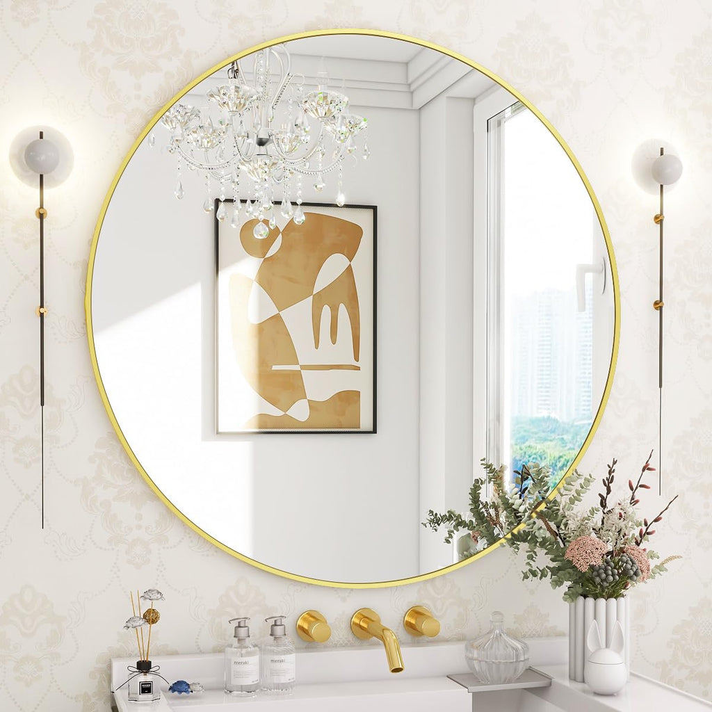 30 Inch Round Mirror, Metal Frame Circle Mirror, Gold