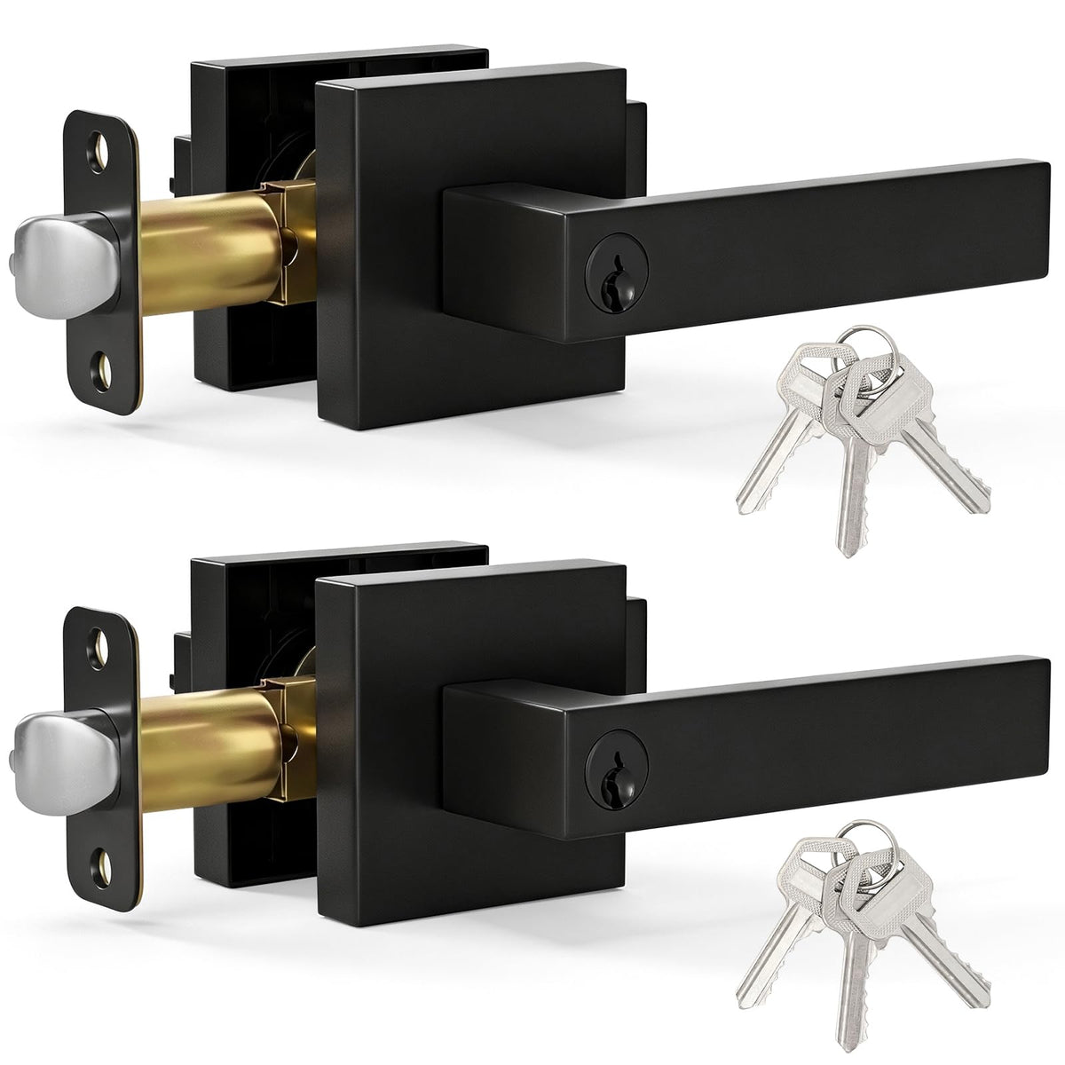 Entry Matte Black Door Keyed Lever Exterior Handles with Lock 2 Pack