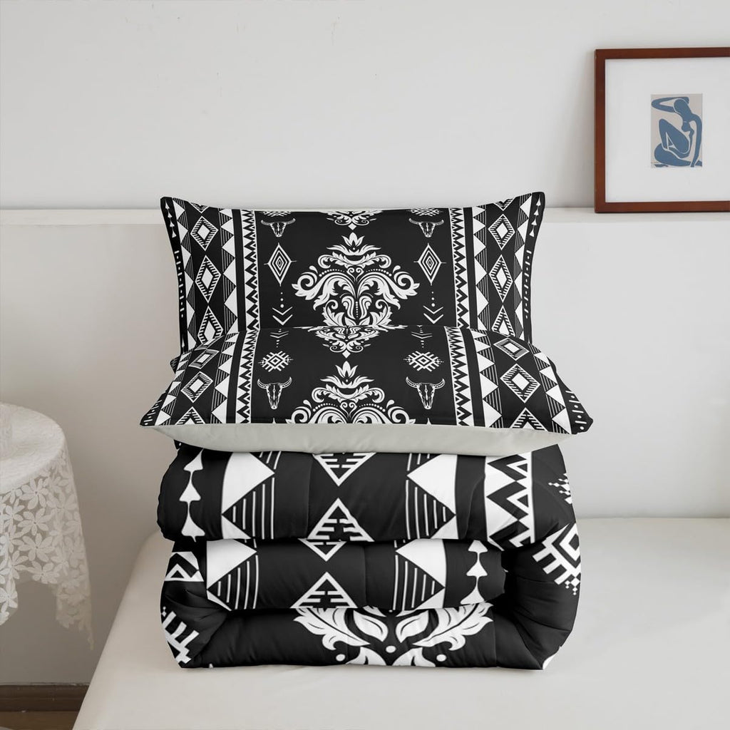 Western Damask Bedding Set King Size, Boho Aztec Comforter Set, Exotic Native Duvet Insert for Boys Girls Women Men