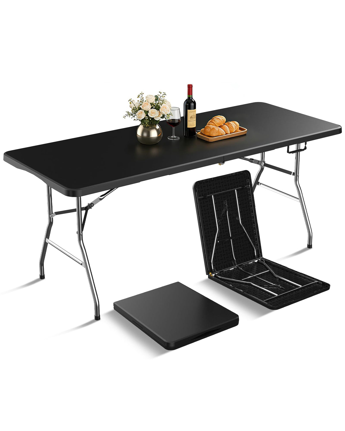 6FT Black Folding Table for Camping, Parties, Meeting, Picnic