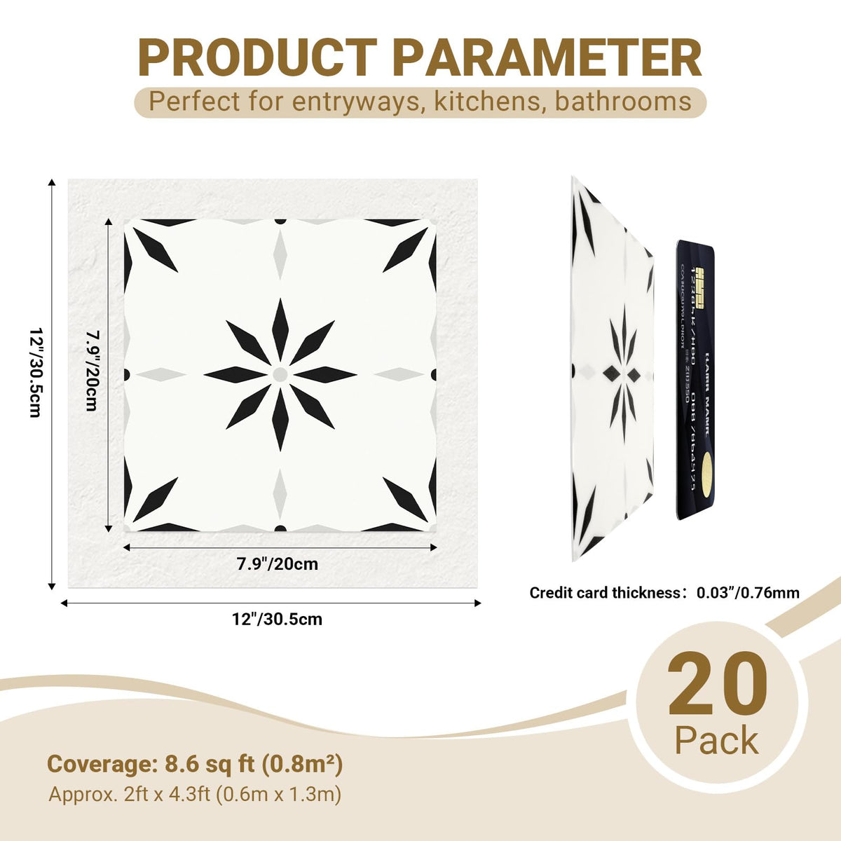 Peel and Stick Floor Tile, 7.9"x7.9" Vinyl Flooring Kitchen, Waterproof Non-Slip Durable Self-Adhesive Easy DIY