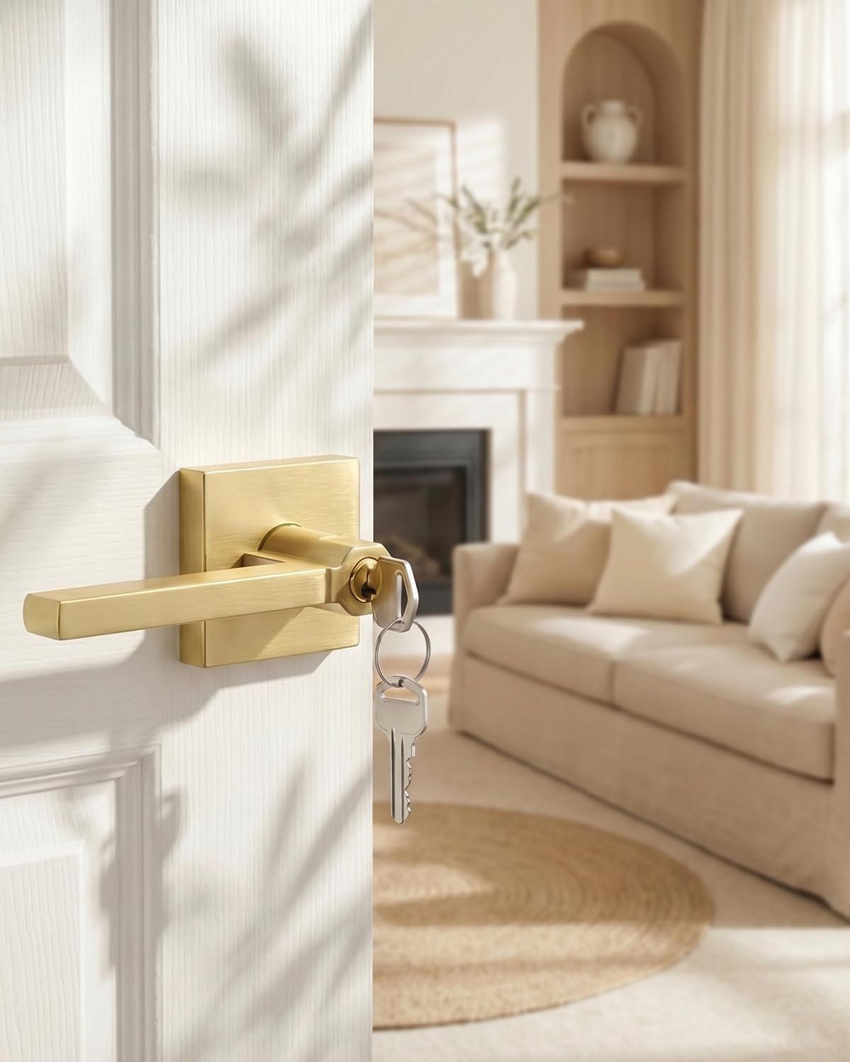 Brushed Gold Door Handle with Lock and Key, Keyed Entry 1 Pack