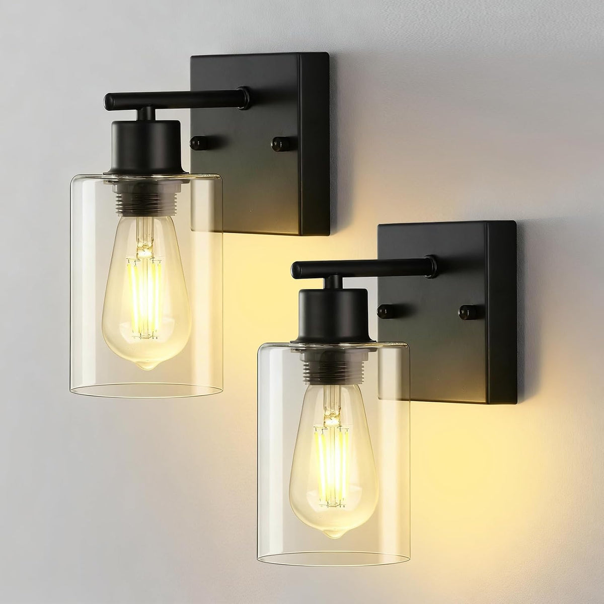 2-Pack Wall Sconces , Matte Black Vanity Lights, Modern Wall Light Fixture with Clear Glass Shade, Farmhouse