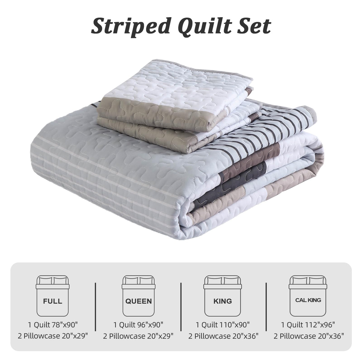 Boho Stripe Quilt Set, Grey Brown Lightweight Bedspread
