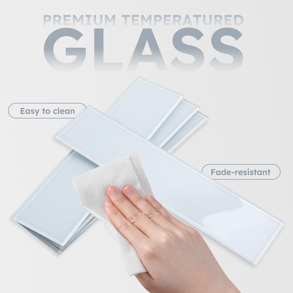 Peel and Stick Glass Subway Tiles, Light Blue, 3x12 Inch, Glass Backsplash Bathroom Wall Tiles, Pack of 20 Pieces