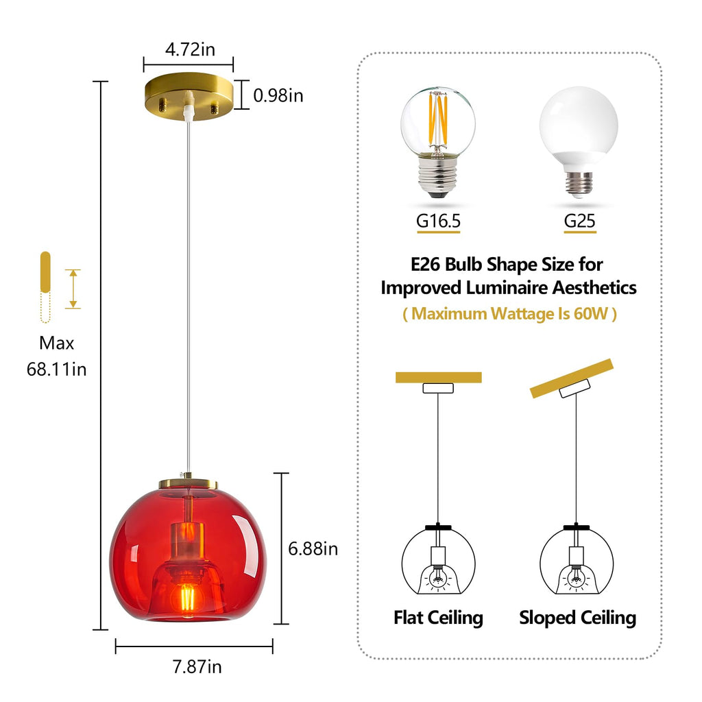 Red Glass Pendant Light Kitchen Island, 7.87", 1 Pack