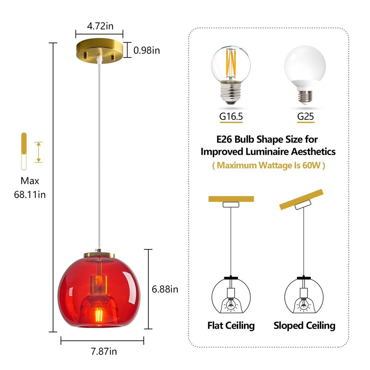 Red Glass Pendant Light Kitchen Island, 7.87", 1 Pack