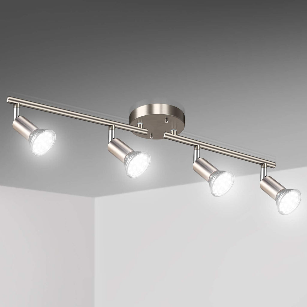 LED 4 Light Track Lighting Kit, 24.8'' Matt Nickel 4 Way Ceiling Spot Lighting, Flexibly Rotatable Head, Modern Track