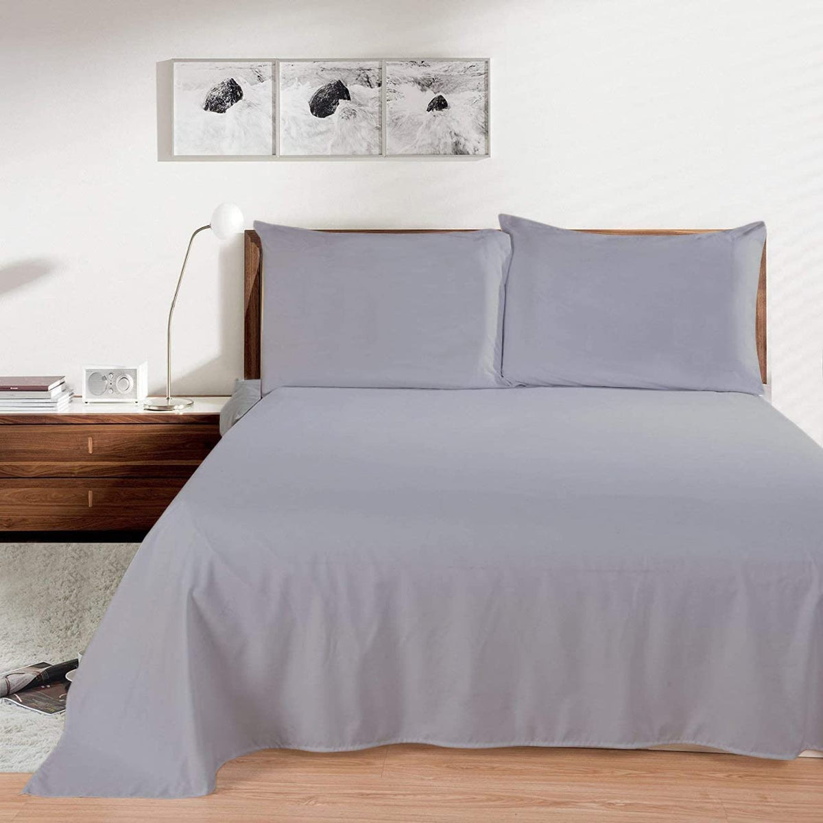 100% Egyptian Cotton 3Pcs Flat Sheet Oversized (132 X 110) Luxury Quality Bedding Flat Sheet Silver Solid