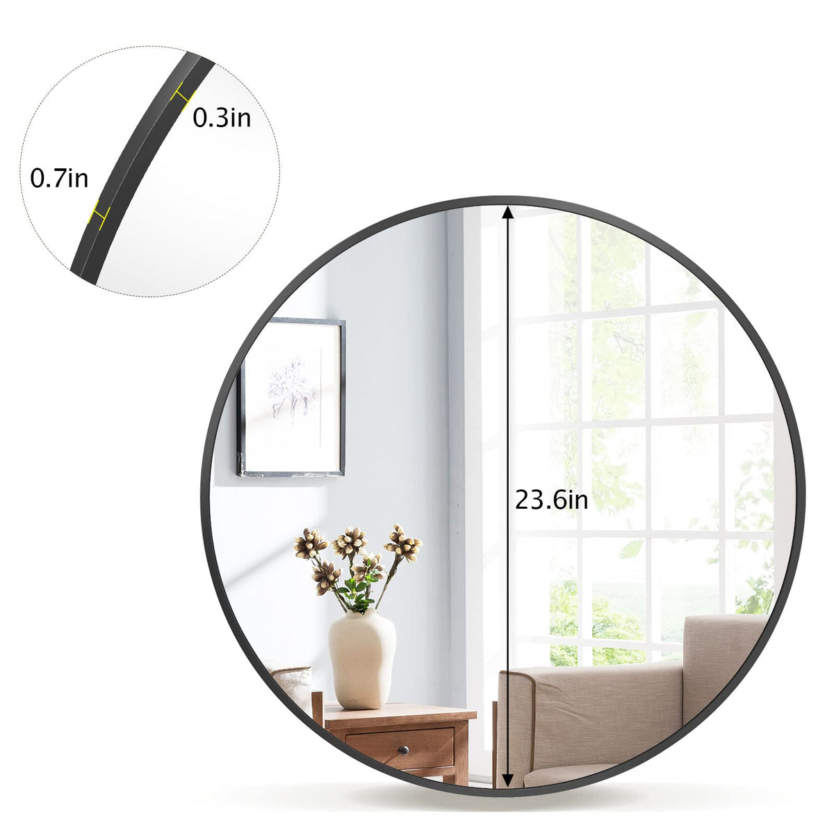 Black Round Bathroom Mirror 23.6", Thin Metal Frame Wall Mirror