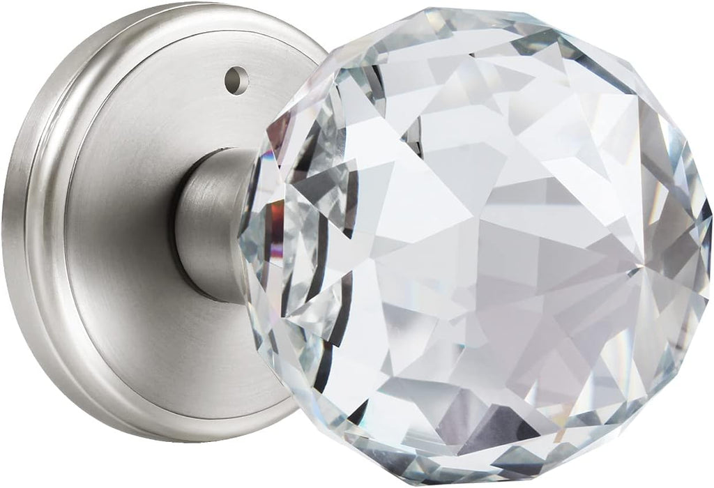 Crystal Glass Door Knobs Interior, Premium Bathroom Bedroom Door Knobs with Lock, Satin Nickel Finish