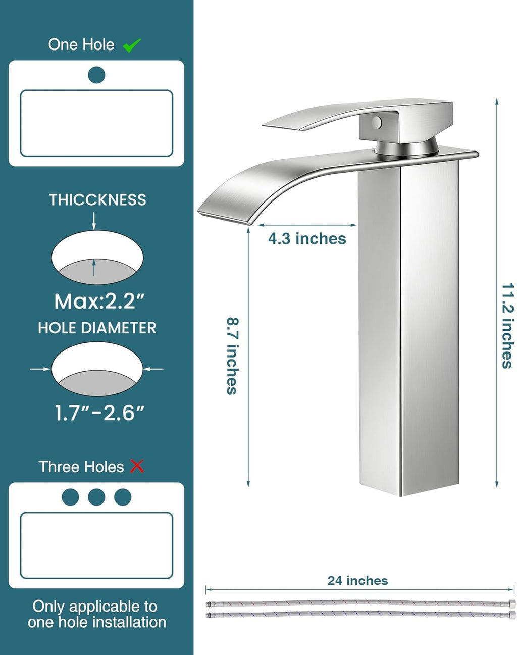 Brushed Nickel Vessel Sink Faucet, Tall Waterfall Bathroom Faucet