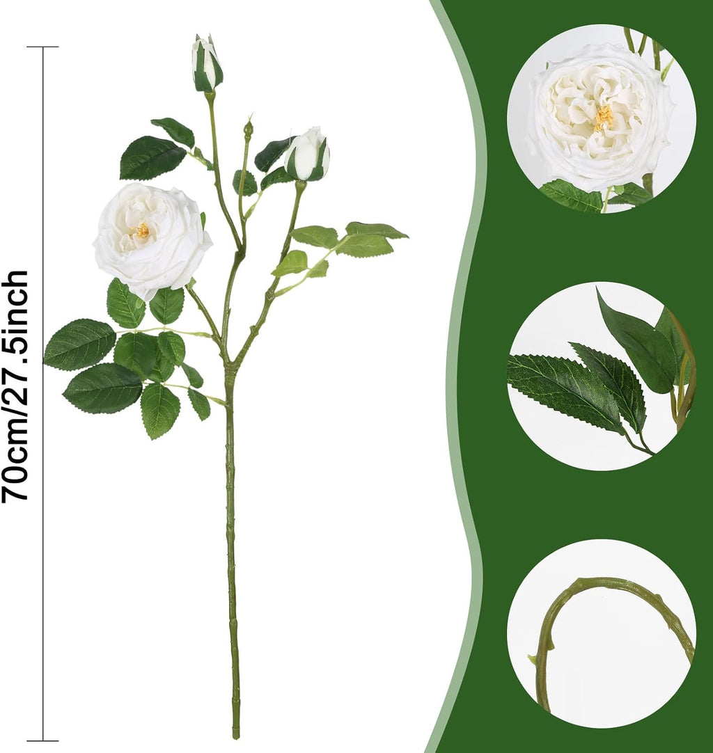 Real Touch White Austin Roses Peonies Artificial Flowers 4 Bouquets Latex Fake Peonies with Long Stem Realistic Faux - Set of 4