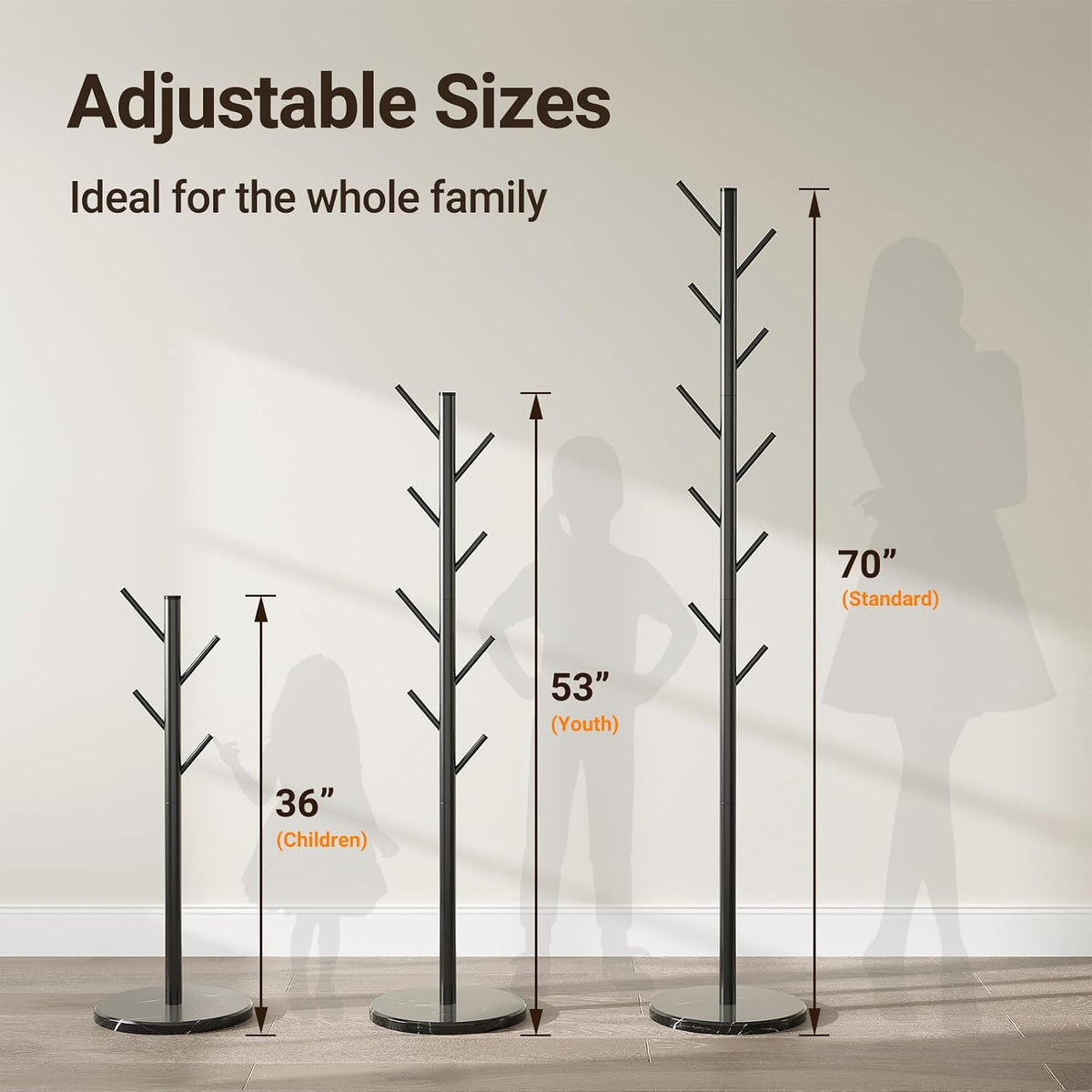 Coat Rack Freestanding, Metal Coat Rack with Natural Marble Base | 10 Hooks, 3 Adjustable Heights, Heavy Duty Coat