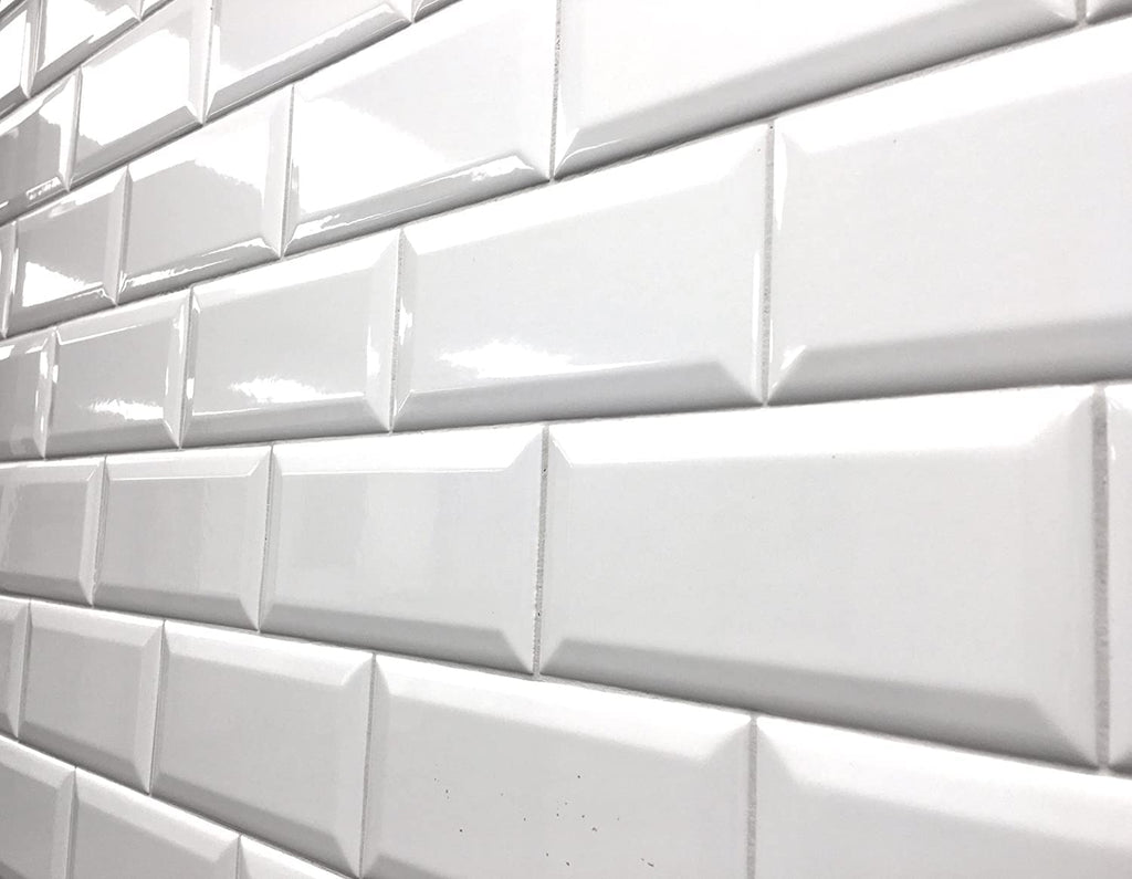 4-1/4x10 White Beveled Ceramic Subway Wall Tile Backsplashes|Bathroom Shower|Accent Wall - Glossy Finish (Box of