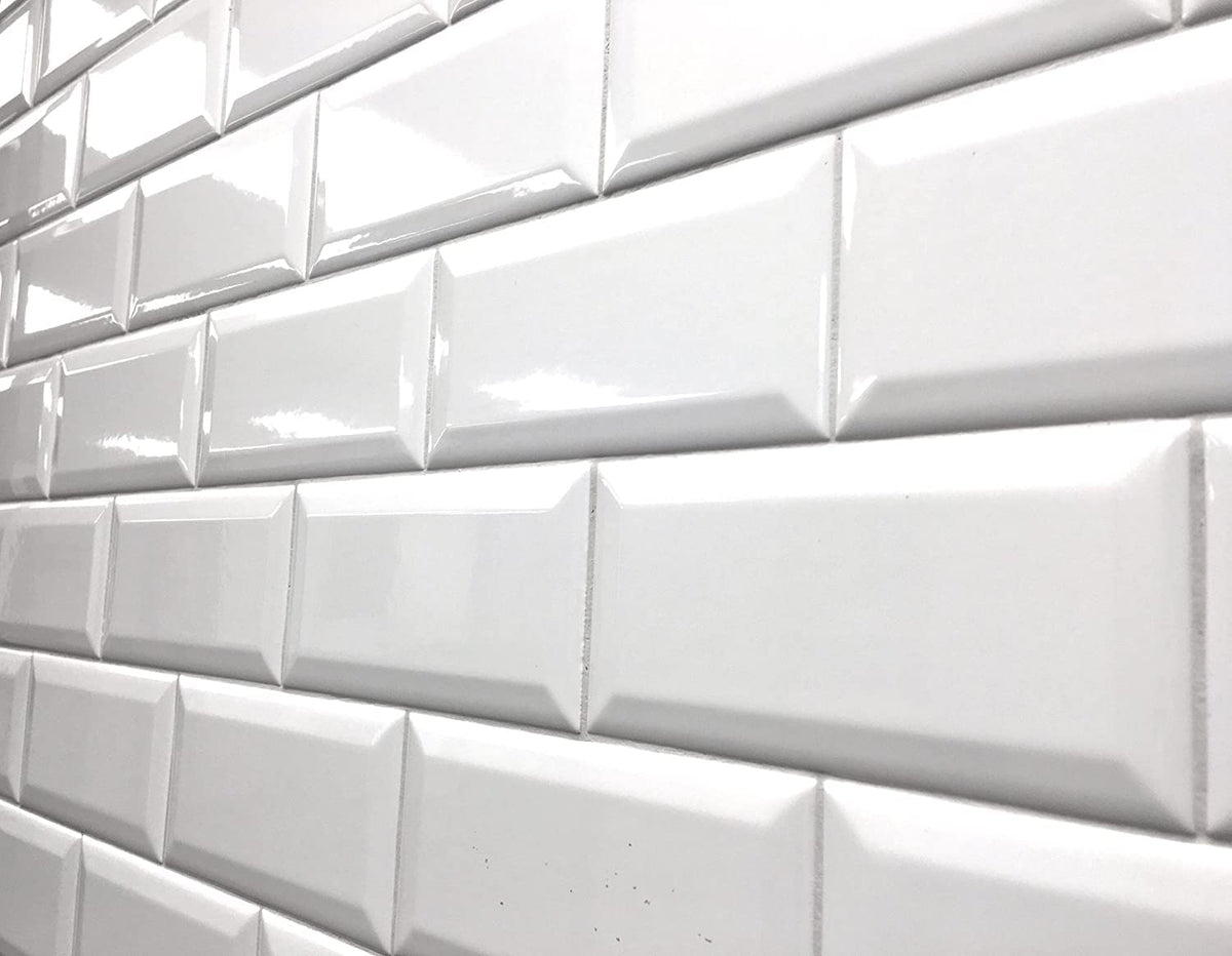 4-1/4x10 White Beveled Ceramic Subway Wall Tile Backsplashes|Bathroom Shower|Accent Wall - Glossy Finish (Box of