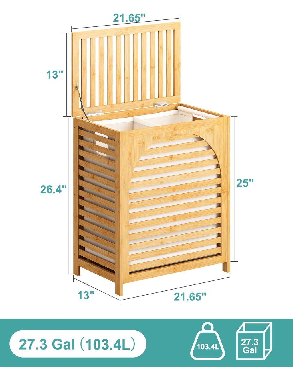 Hamper with Lid, 27.3 Gallon (103L) Bamboo Wood Clothes Laundry Basket with Lid and Handles, Removable Liner