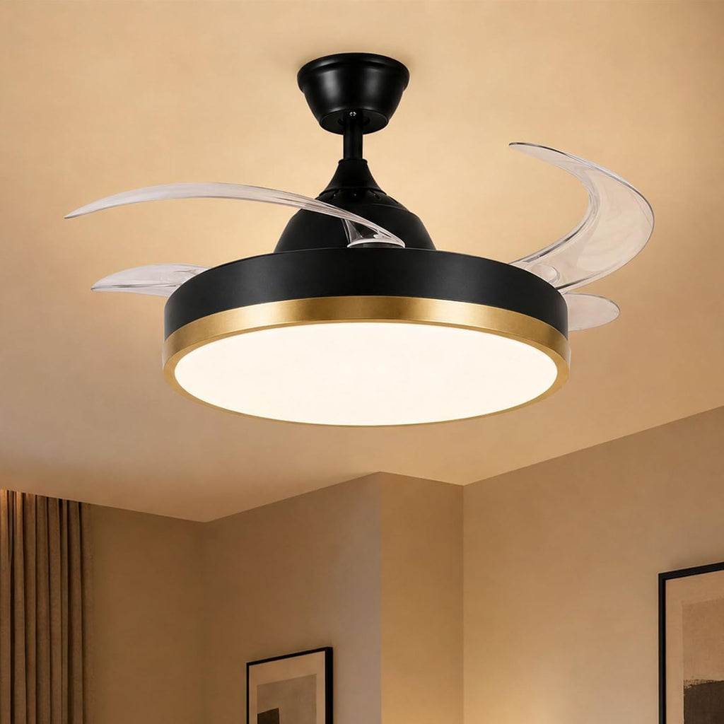 Retractable Ceiling Fan with Lights & Bluetooth, 42" Black and Gold