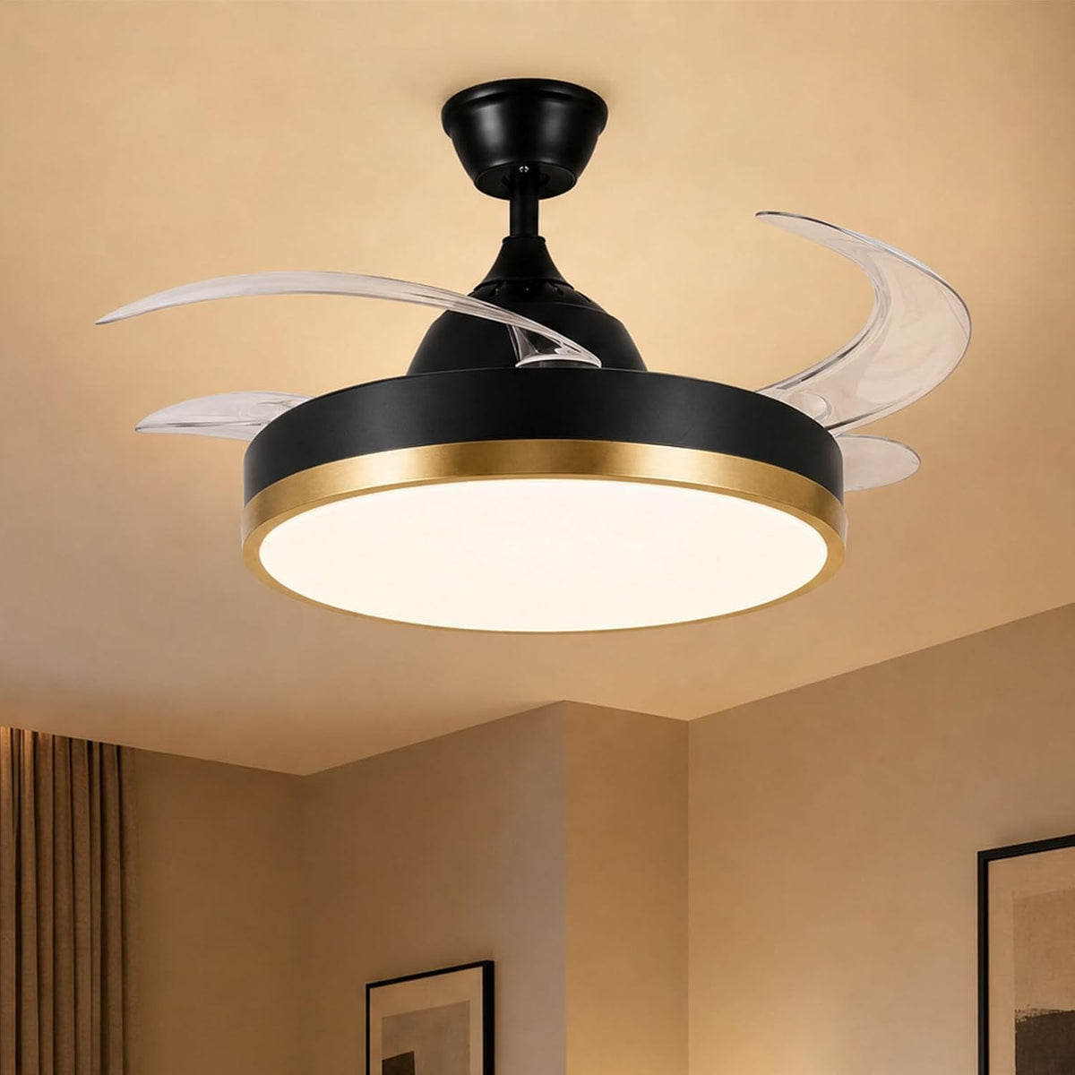 Retractable Ceiling Fan with Lights & Bluetooth, 42" Black and Gold