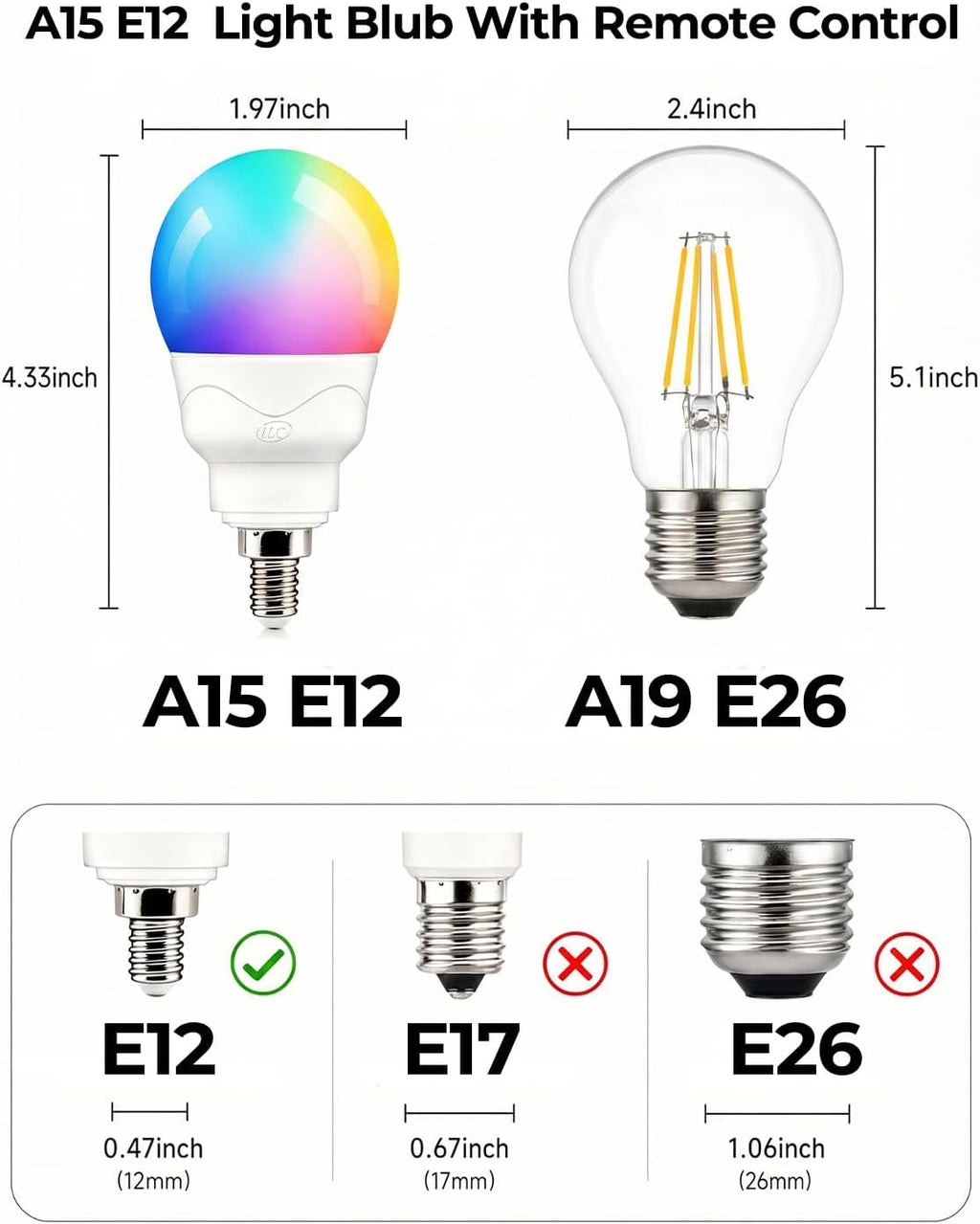 E12 LED Light Bulbs (40w Equivalent) 5W, Color Changing RGB, A15 Small Base Candelabra Round Light Bulb, Candle Base