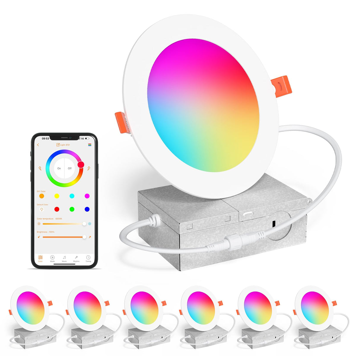 Smart Recessed Lighting 4 Inch RGBCW Color Changing 12W LED Downlight with Junction Box,1100 Lumen Recessed Ceiling
