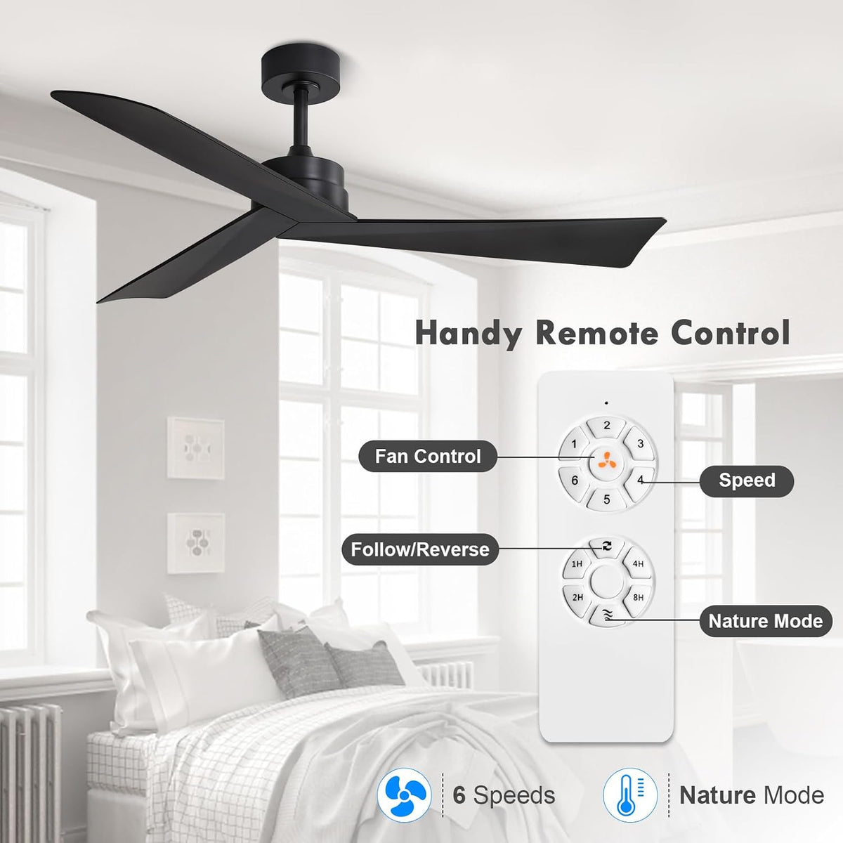 Inspired Adler Style 52" DC Ceiling Fan Without Light, 3 Sculpted ABS Blades, 6-Speed Remote - Matte Black
