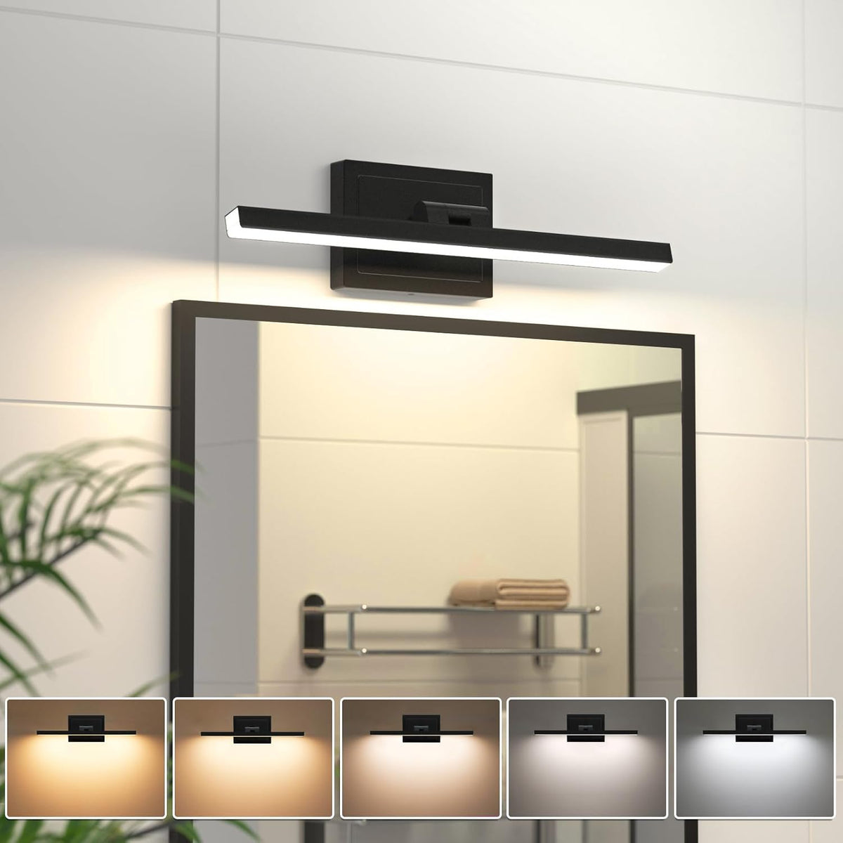 Modern Bathroom Vanity Light 15.7 inch, Rotatable, 12W Dimmable 5CCT Led Bathroom Light Fixture Over Mirror, Black