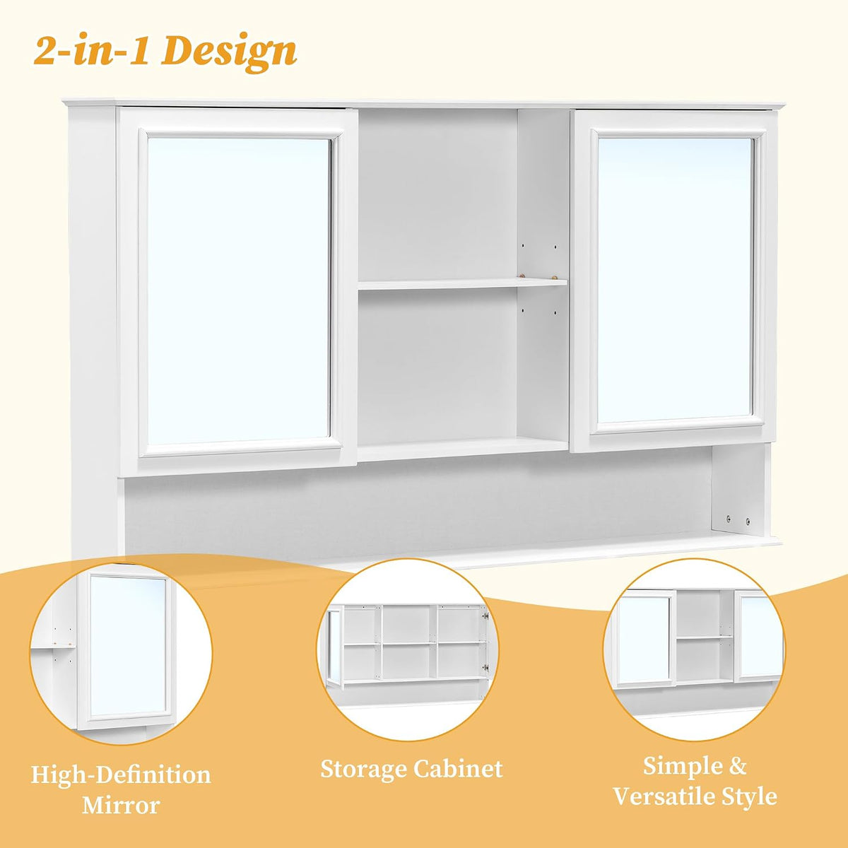 60" Wall-Mounted Bathroom Medicine Cabinet with Double Mirrored Doors, 2-in-1 Mirror & Storage Design Cabinet with